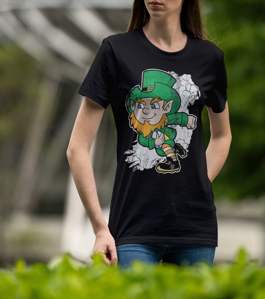 Irish Rugby Leprechaun With Rugby Ball On Cracked Background T-Shirt