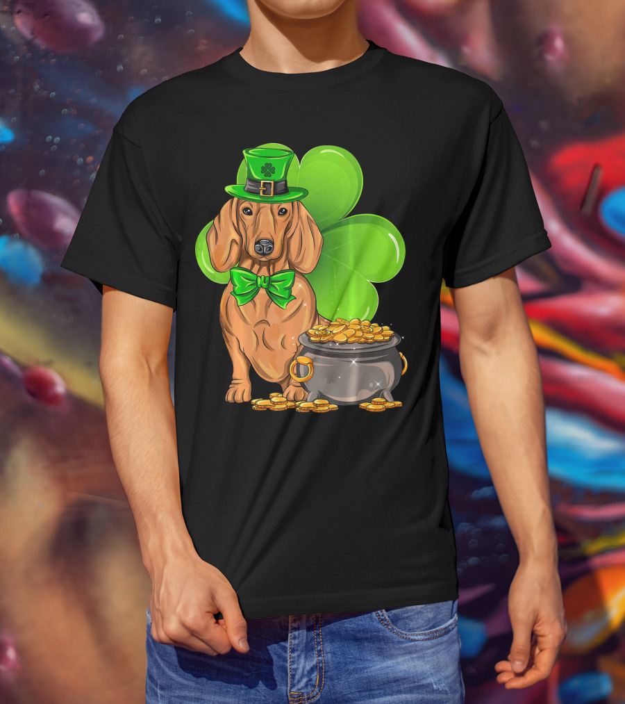Dachshund St Patricks Day Leprechaun Dog Shamrock Hat Pot Of Gold T-Shirt