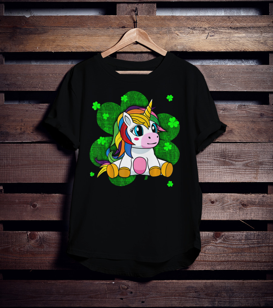 Cute Kids Unicorn Girls St Patrick Clover Rainbow T-Shirt