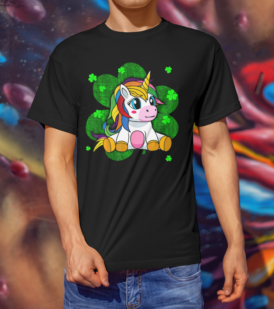 Cute Kids Unicorn Girls St Patrick Clover Rainbow T-Shirt