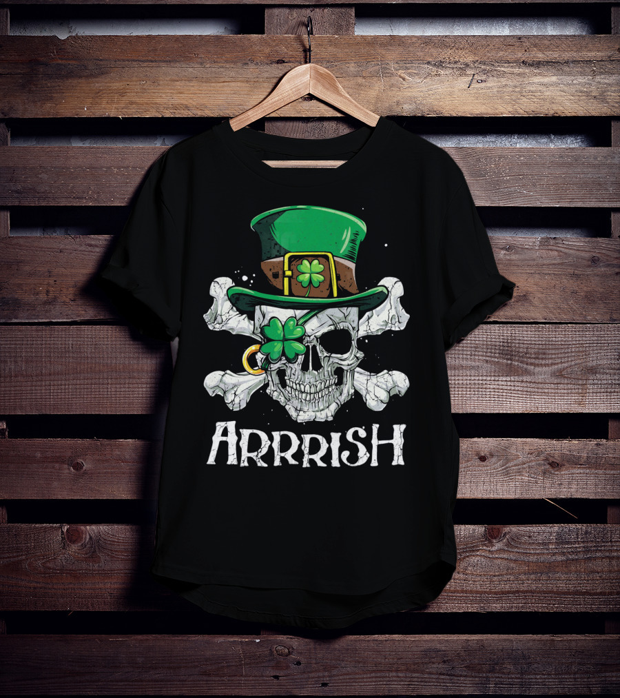 Arrrish Leprechaun Pirate Skull With Green Hat And Clover Eyepatch T-Shirt
