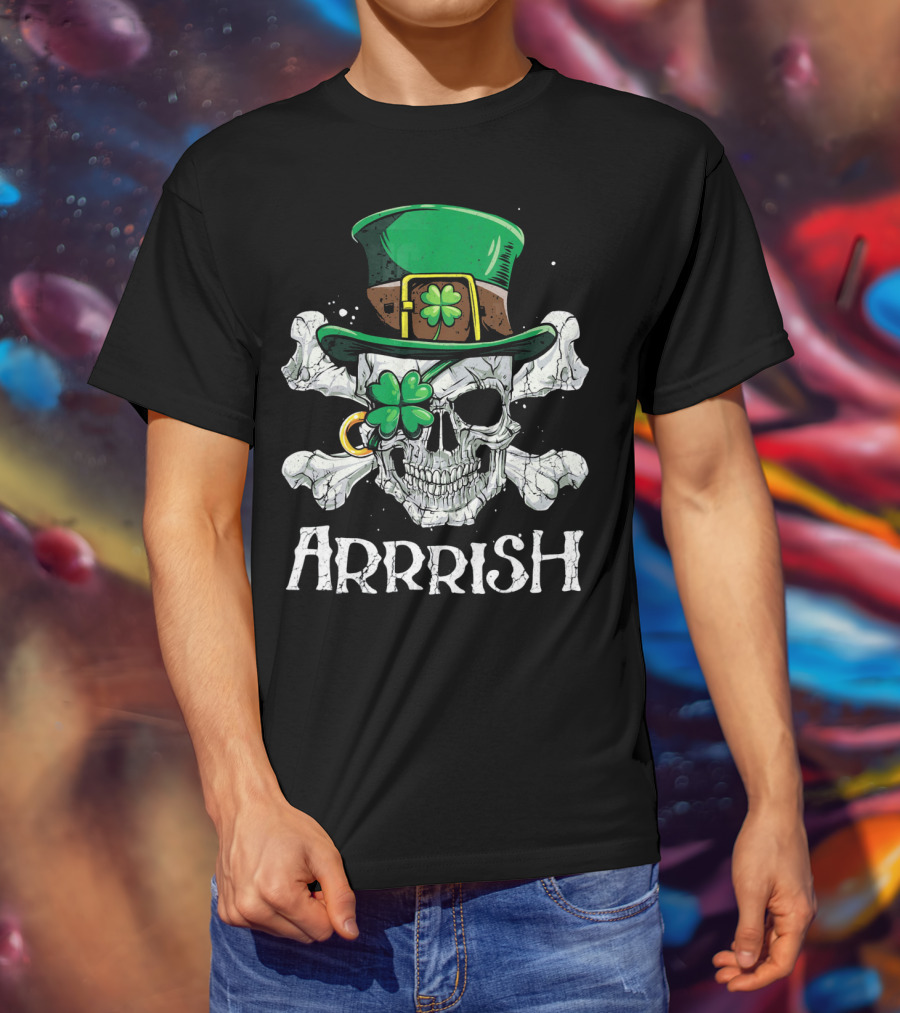 Arrrish Leprechaun Pirate Skull With Green Hat And Clover Eyepatch T-Shirt