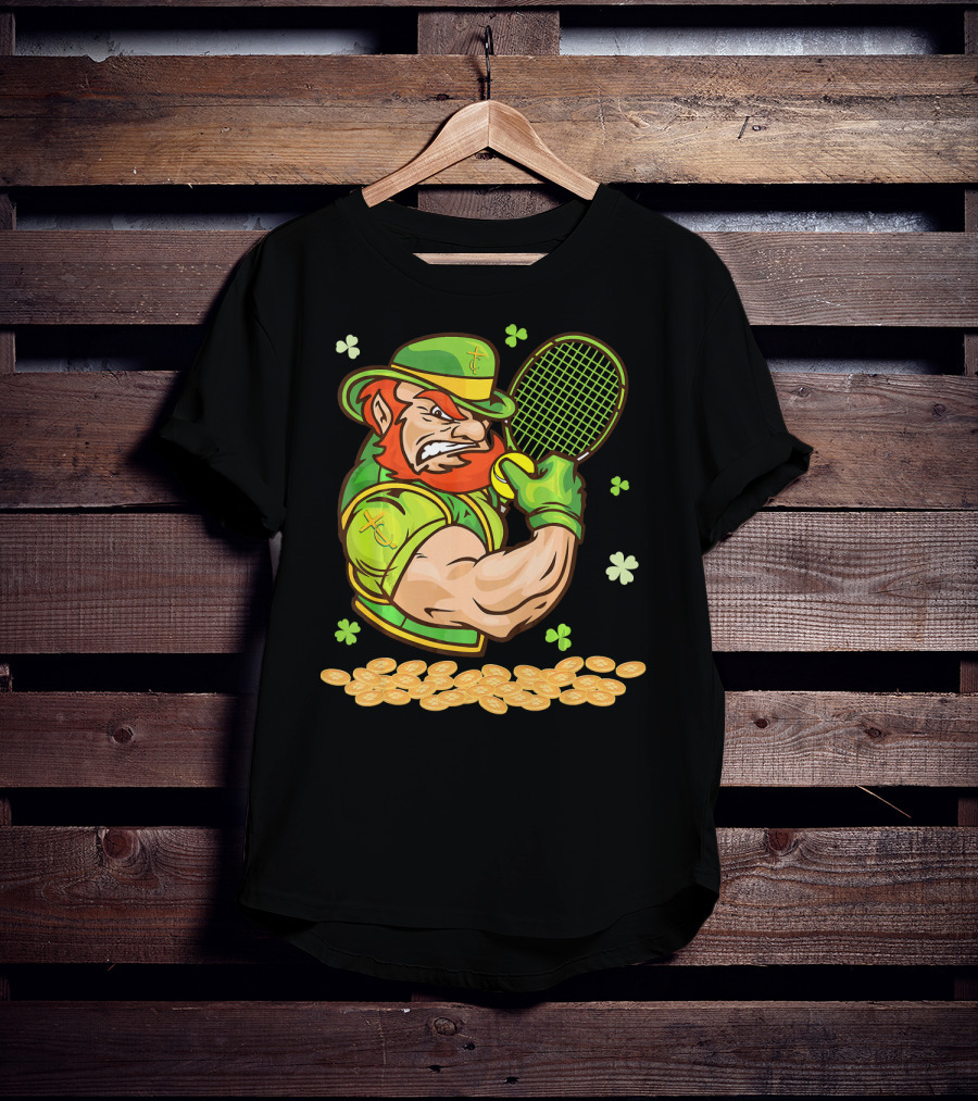 Leprechaun Playing Tennis With Shamrocks And Gold Coins T-Shirt