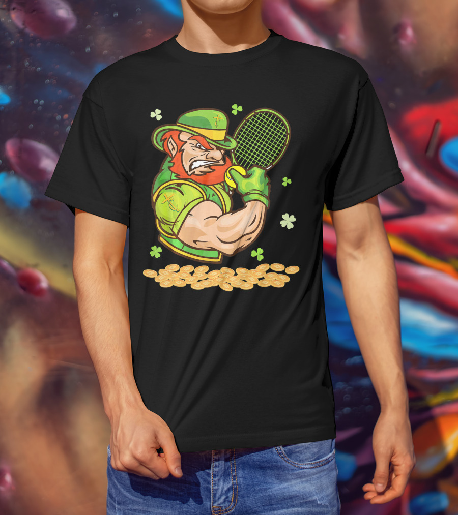 Leprechaun Playing Tennis With Shamrocks And Gold Coins T-Shirt