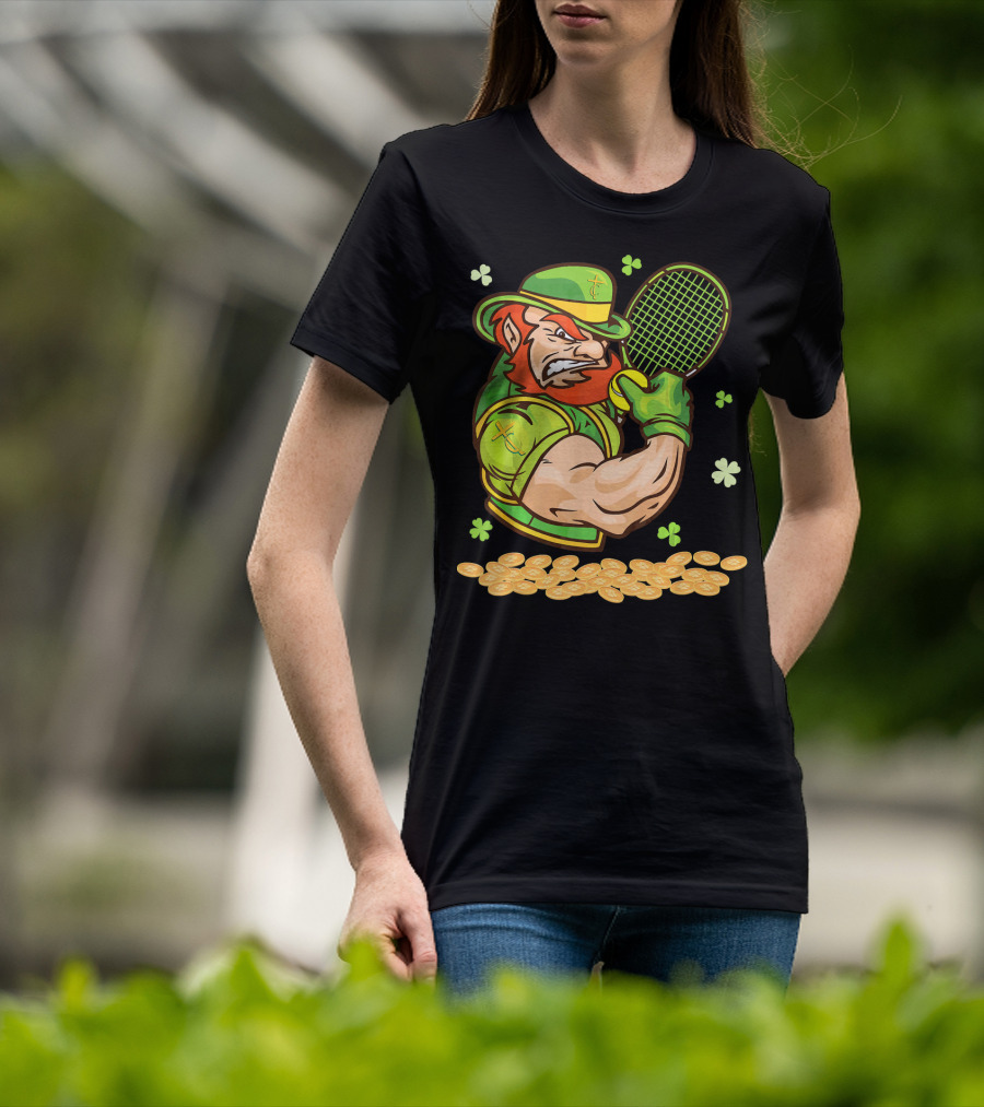 Leprechaun Playing Tennis With Shamrocks And Gold Coins T-Shirt