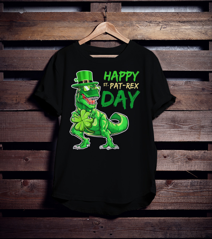 Happy St Pat Rex Day Saint Patricks Day Dinosaur With Shamrock And Green Hat T-Shirt