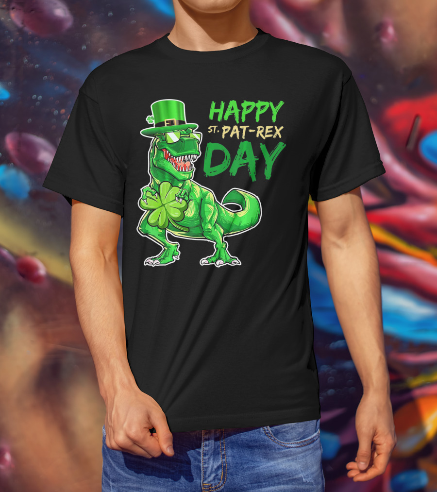 Happy St Pat Rex Day Saint Patricks Day Dinosaur With Shamrock And Green Hat T-Shirt