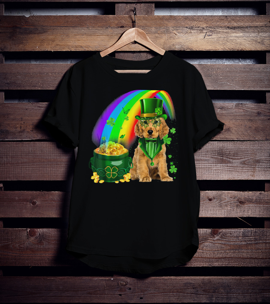 Cocker Spaniel Dog Wearing Irish Leprechaun Hat With Gold Coins And Rainbow T-Shirt
