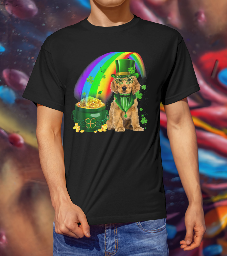 Cocker Spaniel Dog Wearing Irish Leprechaun Hat With Gold Coins And Rainbow T-Shirt