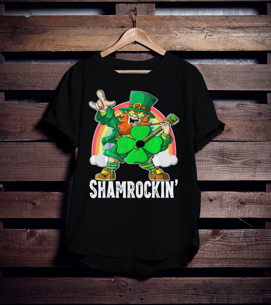 Shamrockin' Leprechaun Rainbow Guitar T-Shirt