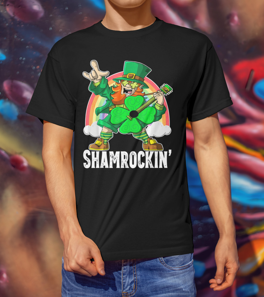 Shamrockin' Leprechaun Rainbow Guitar T-Shirt