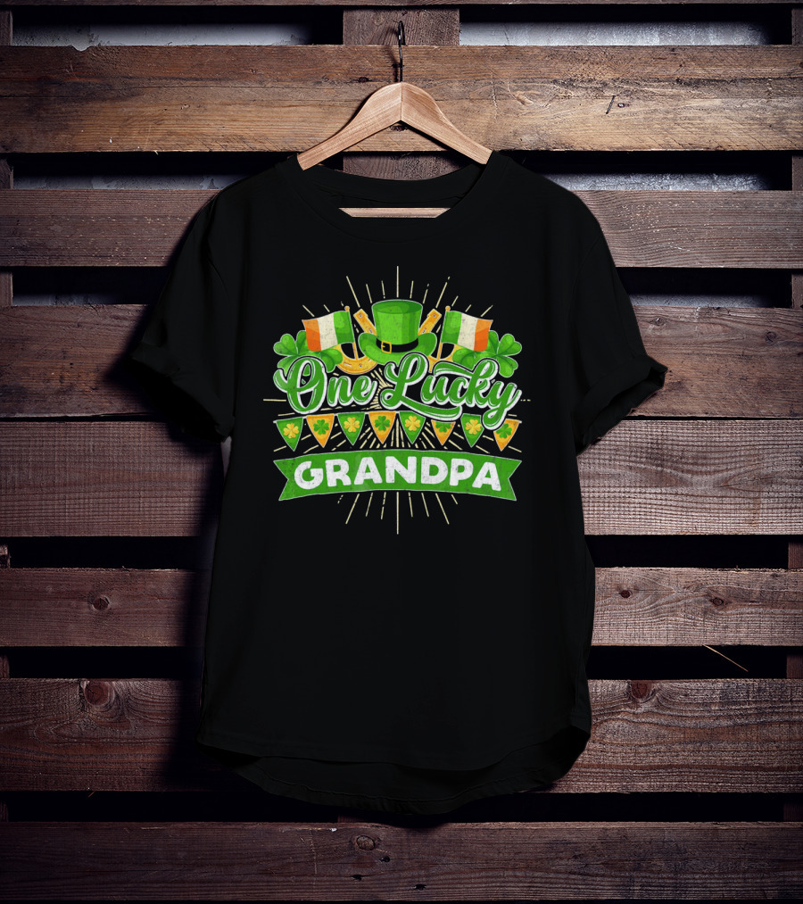 St Patricks Day One Lucky Grandpa Irish Flags Shamrocks And Leprechaun Hat T-Shirt