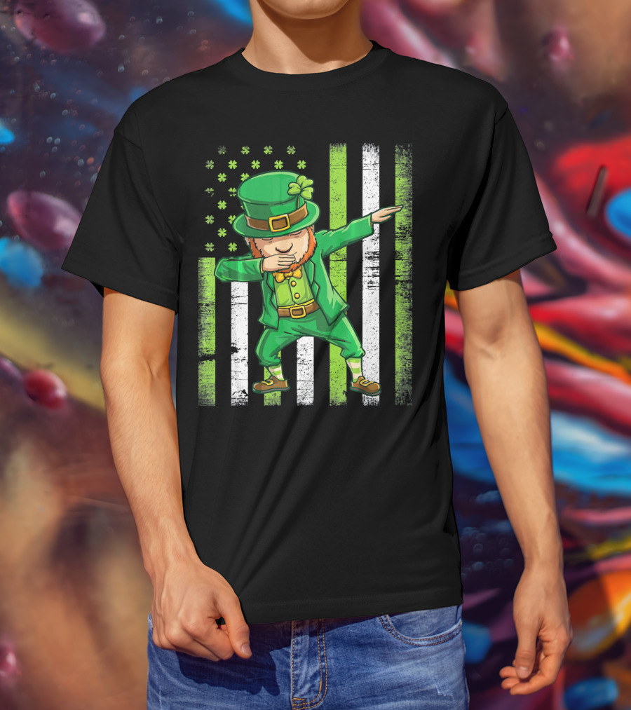 Leprechaun Dabbing With Shamrock Irish Flag Stripes T-Shirt