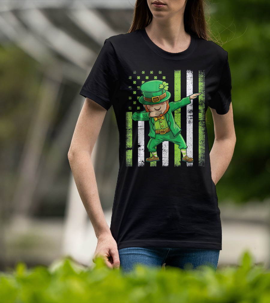 Leprechaun Dabbing With Shamrock Irish Flag Stripes T-Shirt