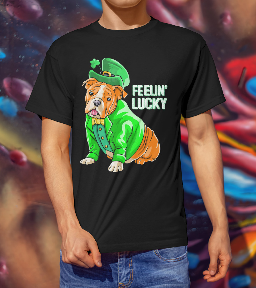 Feelin' Lucky Bulldog In Green Leprechaun T-Shirt