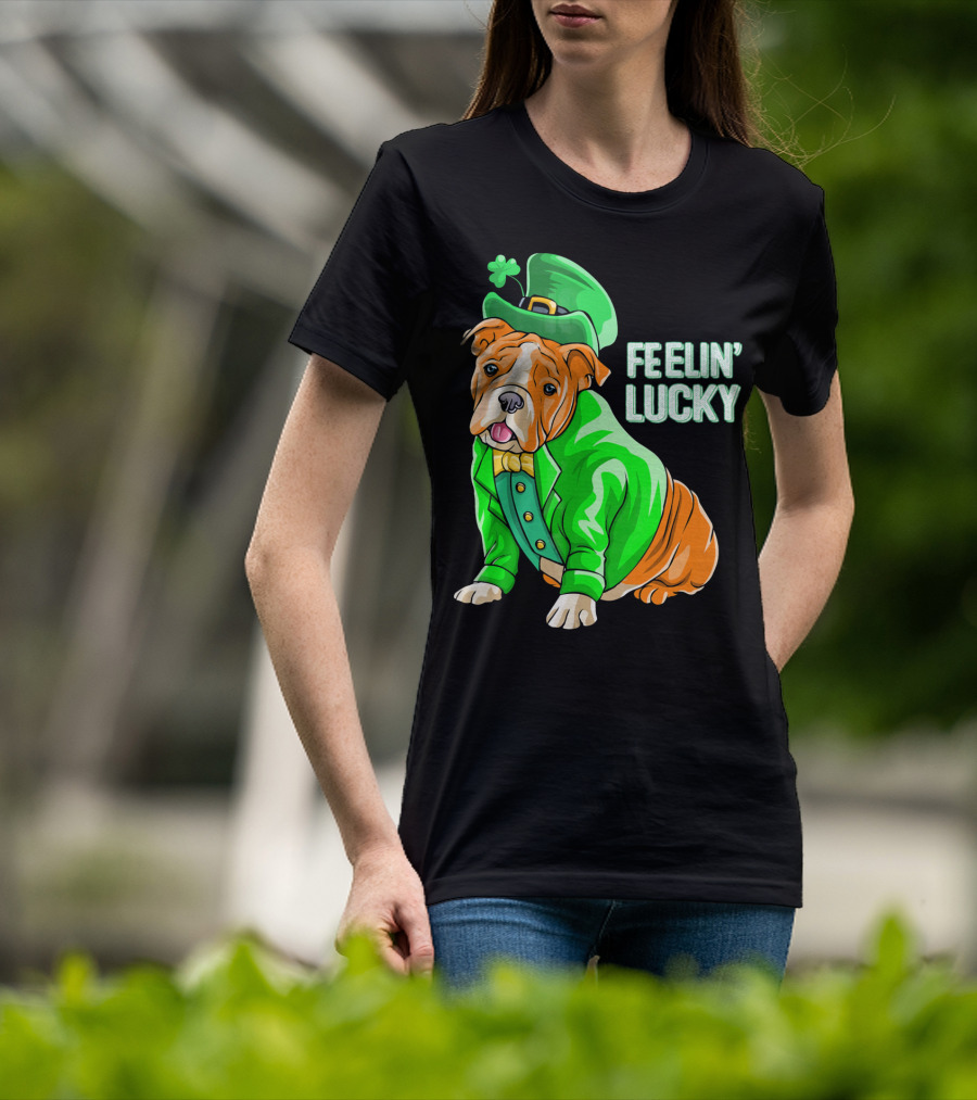 Feelin' Lucky Bulldog In Green Leprechaun T-Shirt