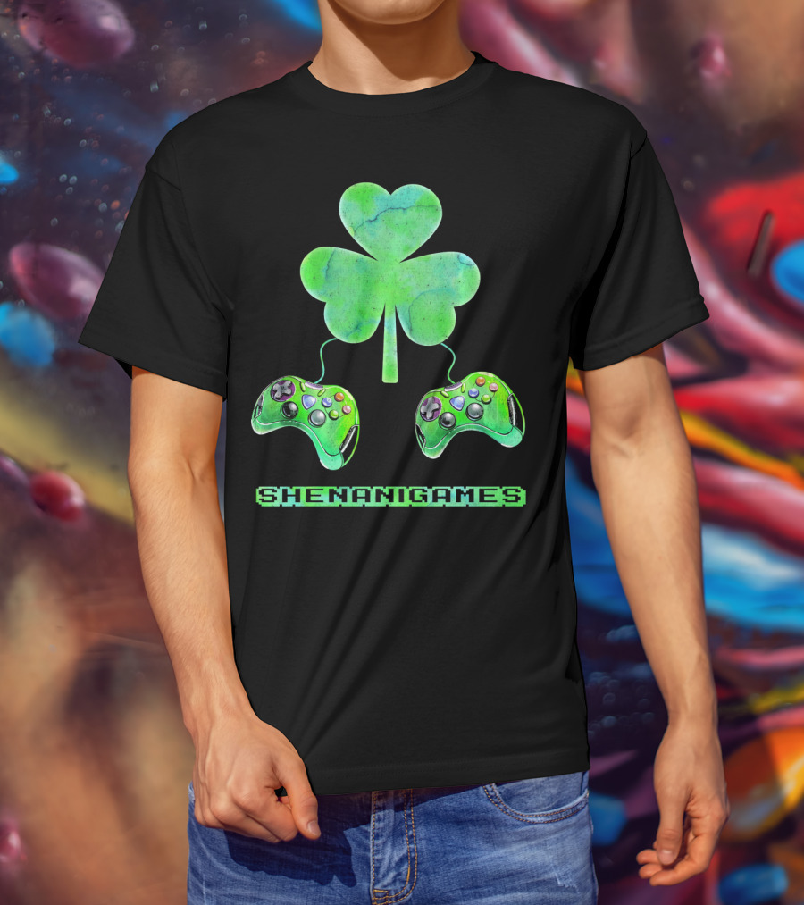Shenanigames St Paddys Day Gamer Shamrock Controllers T-Shirt