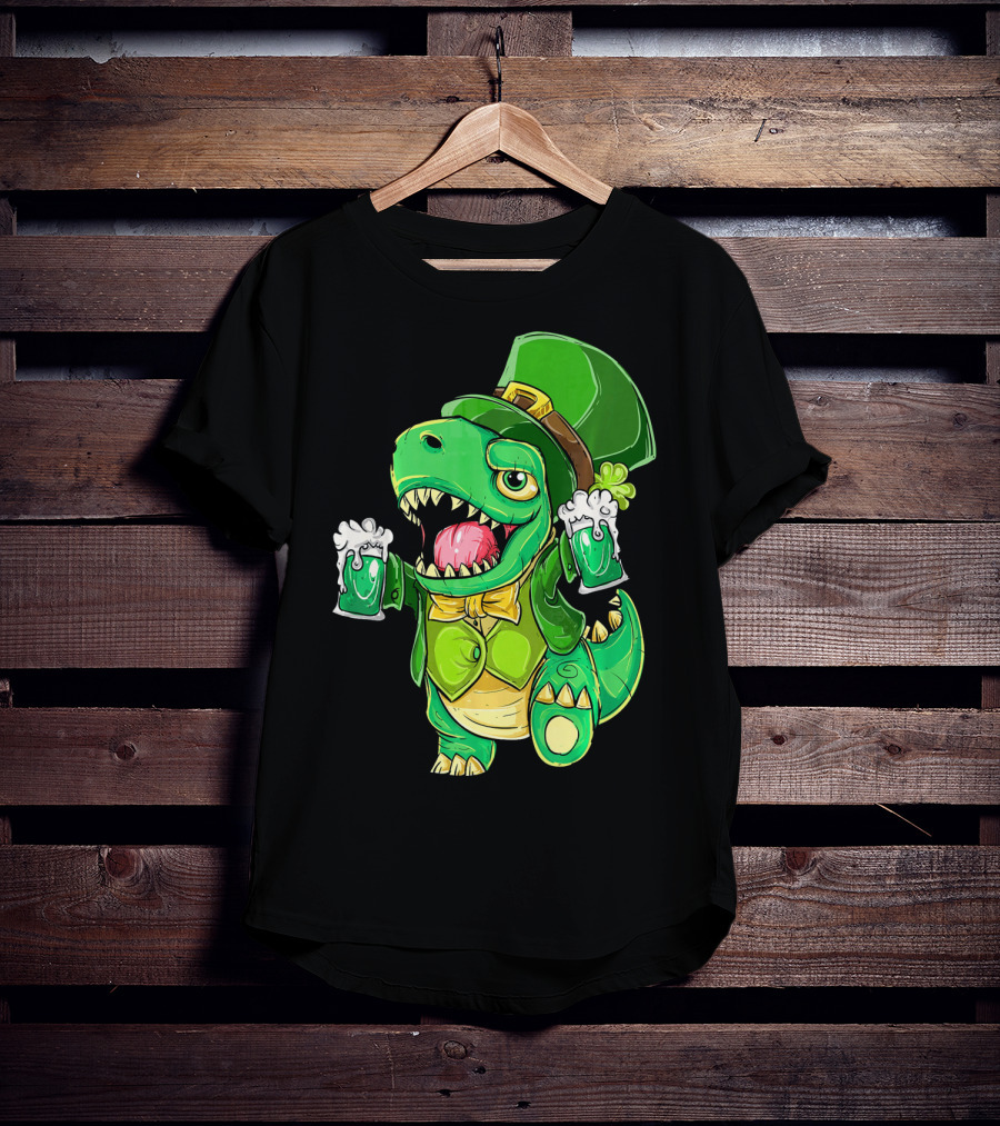 St Patricks Day Irish Dinosaur Holding Two Beers In Green Outfit And Hat T-Shirt