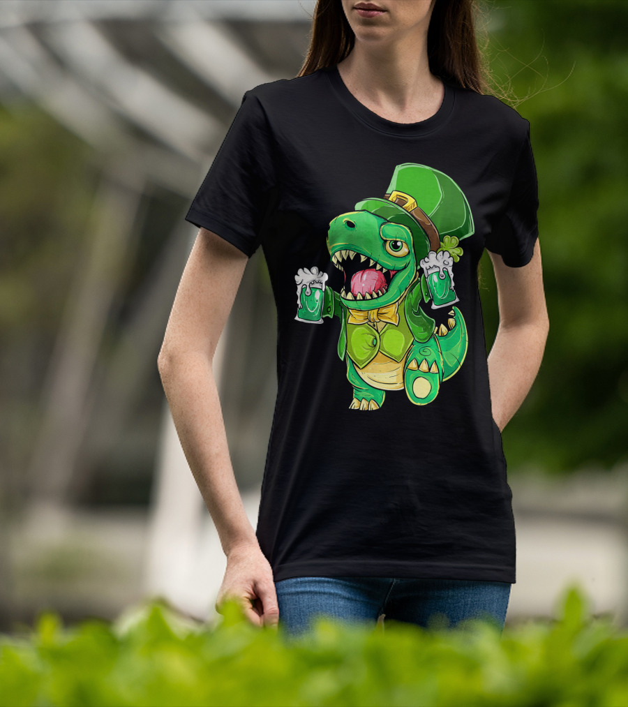 St Patricks Day Irish Dinosaur Holding Two Beers In Green Outfit And Hat T-Shirt
