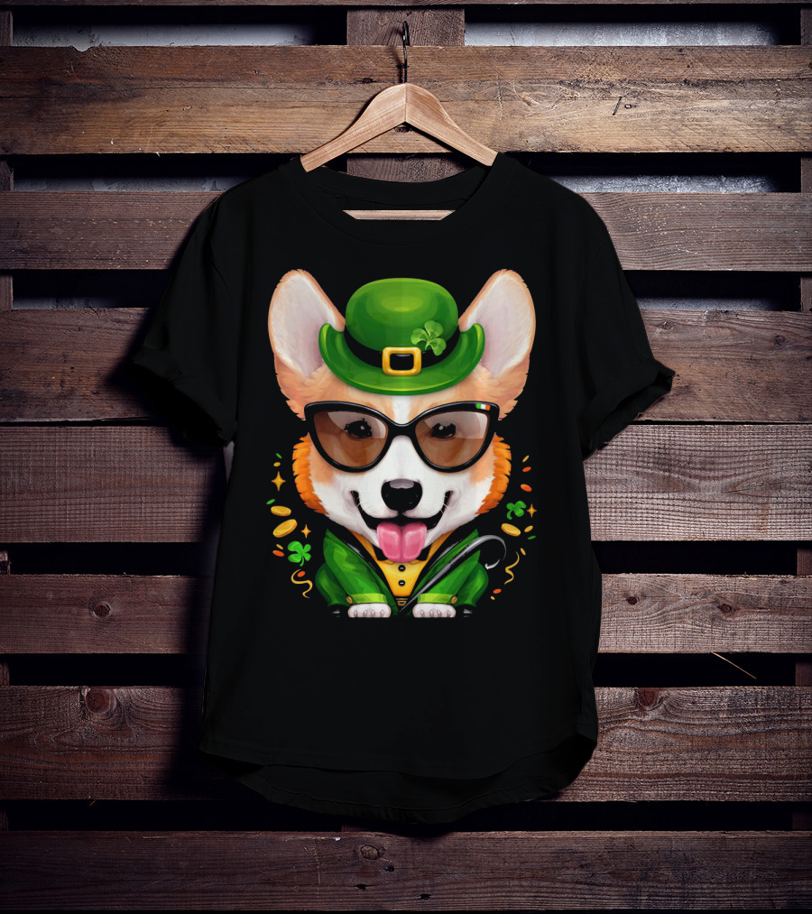 Welsh Corgi In Leprechaun Outfit With Sunglasses And Shamrocks T-Shirt