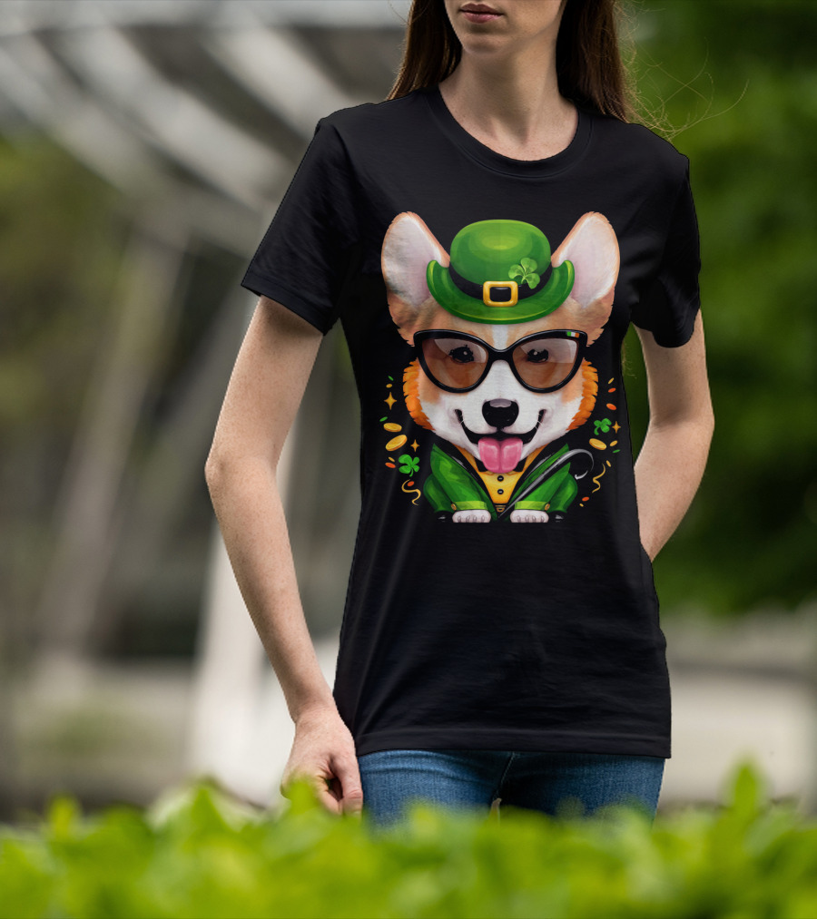 Welsh Corgi In Leprechaun Outfit With Sunglasses And Shamrocks T-Shirt