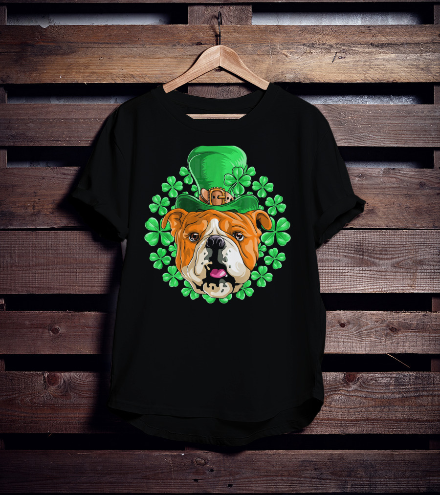English Bulldog In Leprechaun Hat With Clover Background T-Shirt