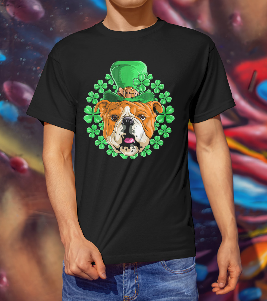 English Bulldog In Leprechaun Hat With Clover Background T-Shirt