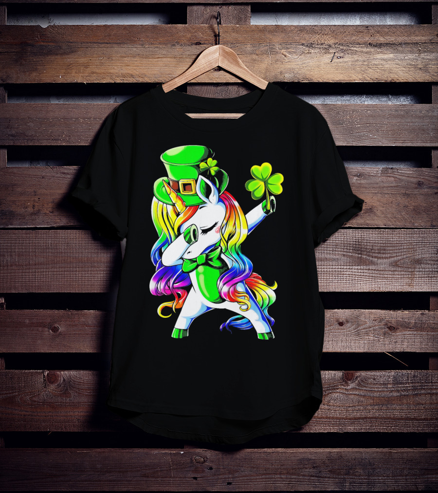 Dabbing Unicorn With Rainbow Mane And Shamrock Hat T-Shirt
