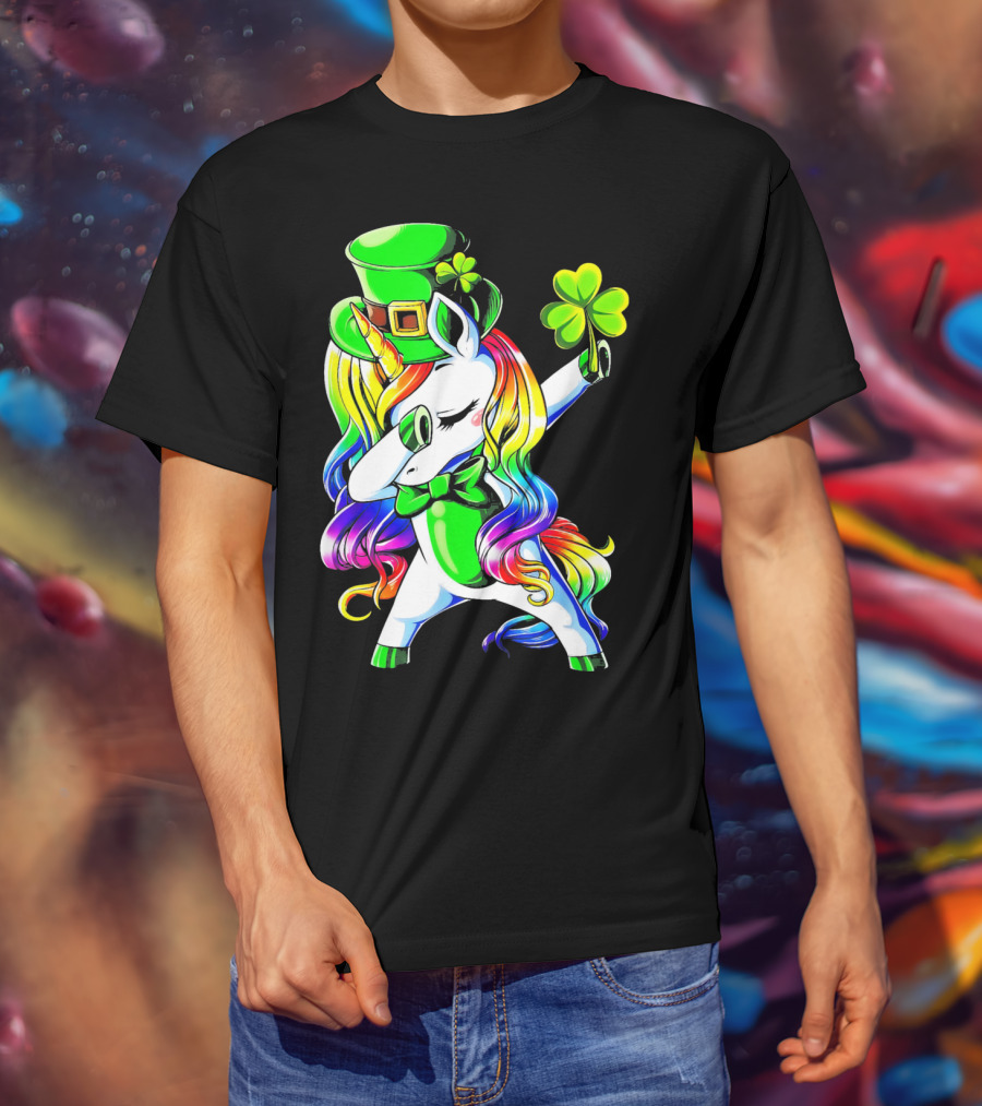 Dabbing Unicorn With Rainbow Mane And Shamrock Hat T-Shirt