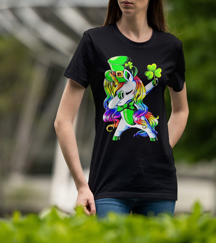 Dabbing Unicorn With Rainbow Mane And Shamrock Hat T-Shirt