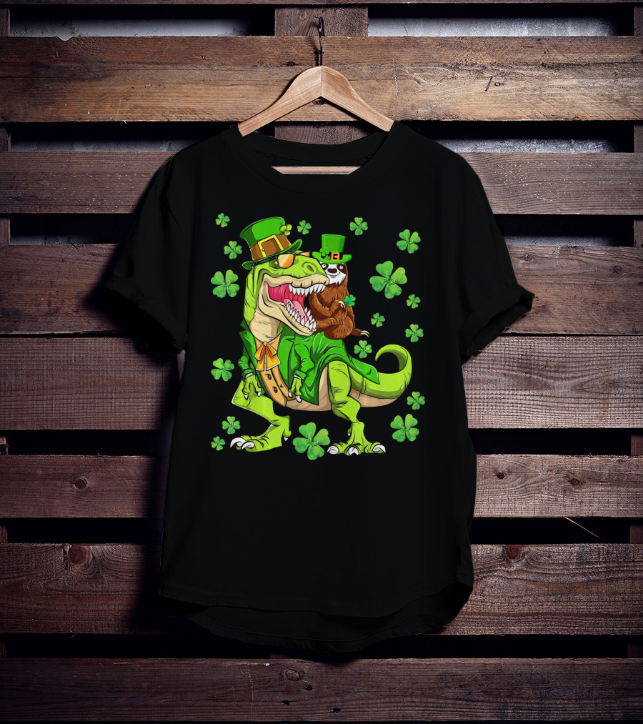 Leprechaun Sloth With Shamrocks Riding Dinosaur Rex In Green Attire T-Shirt