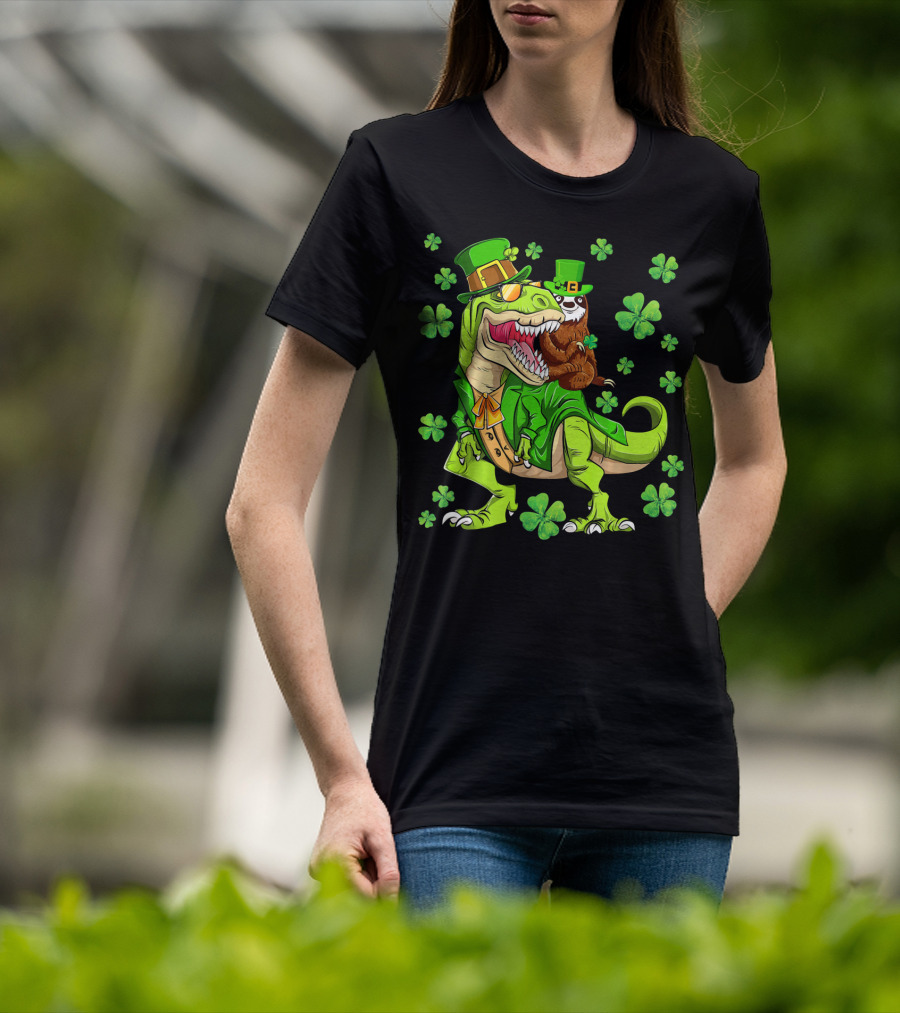 Leprechaun Sloth With Shamrocks Riding Dinosaur Rex In Green Attire T-Shirt