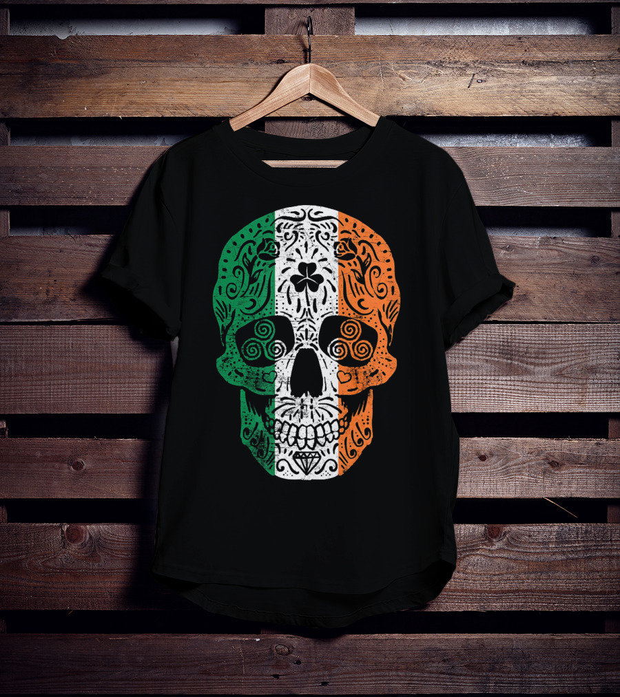 Irish Flag Sugar Skull Shamrock St Patricks T-Shirt