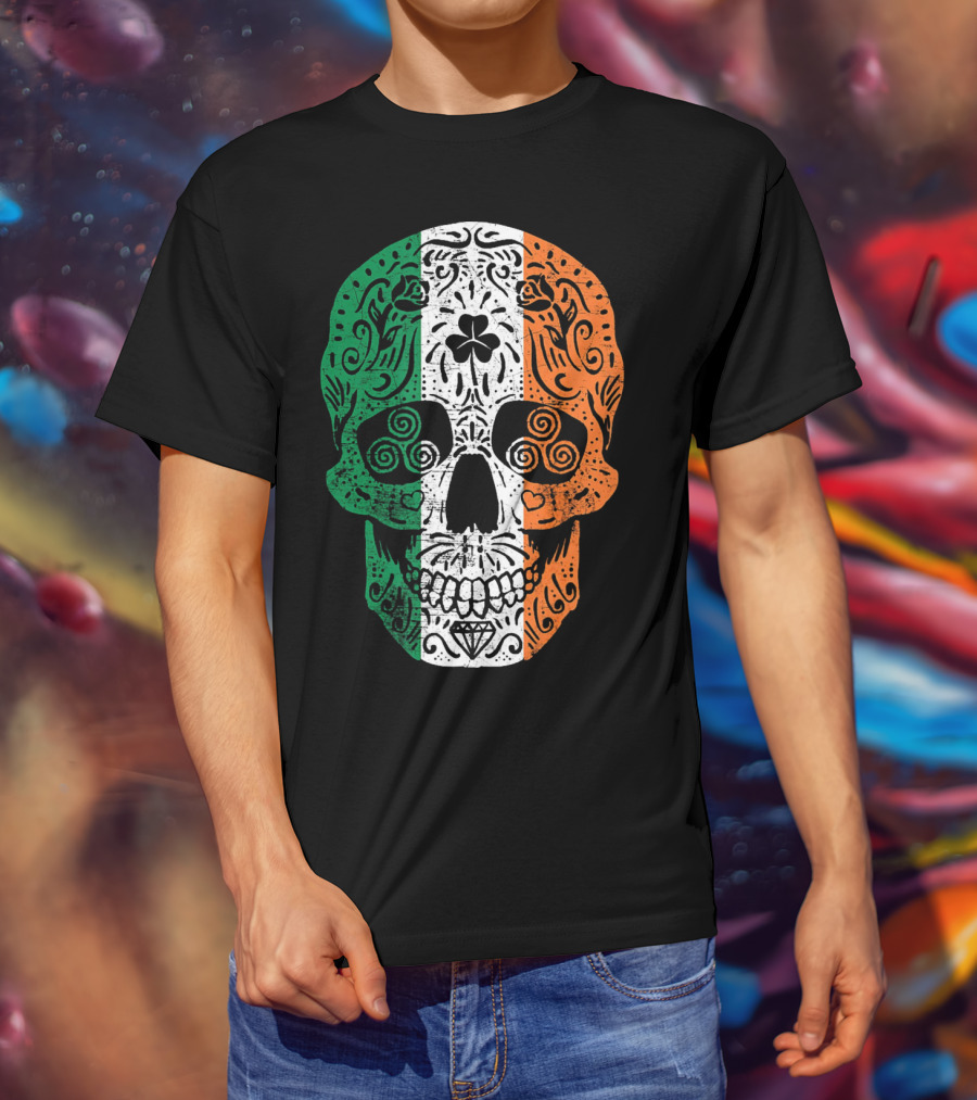 Irish Flag Sugar Skull Shamrock St Patricks T-Shirt