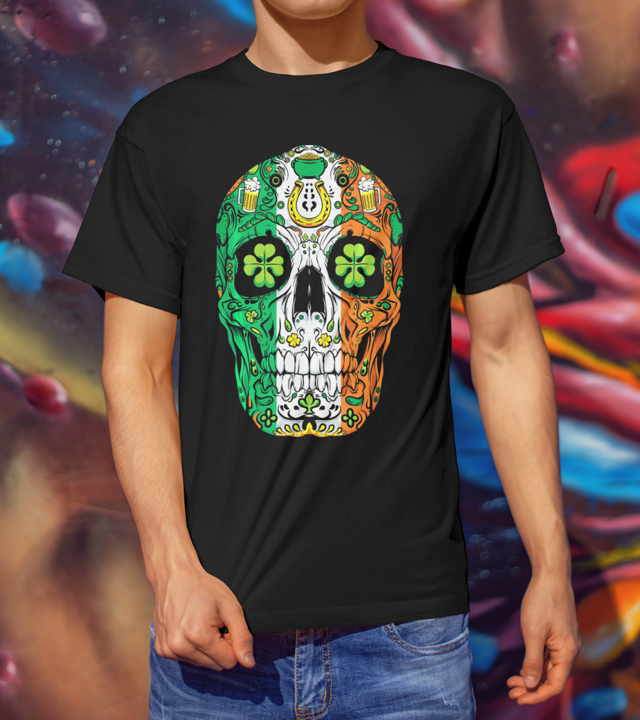 Sugar Skull Irish Leprechaun Shamrock St Patrick's Day T-Shirt
