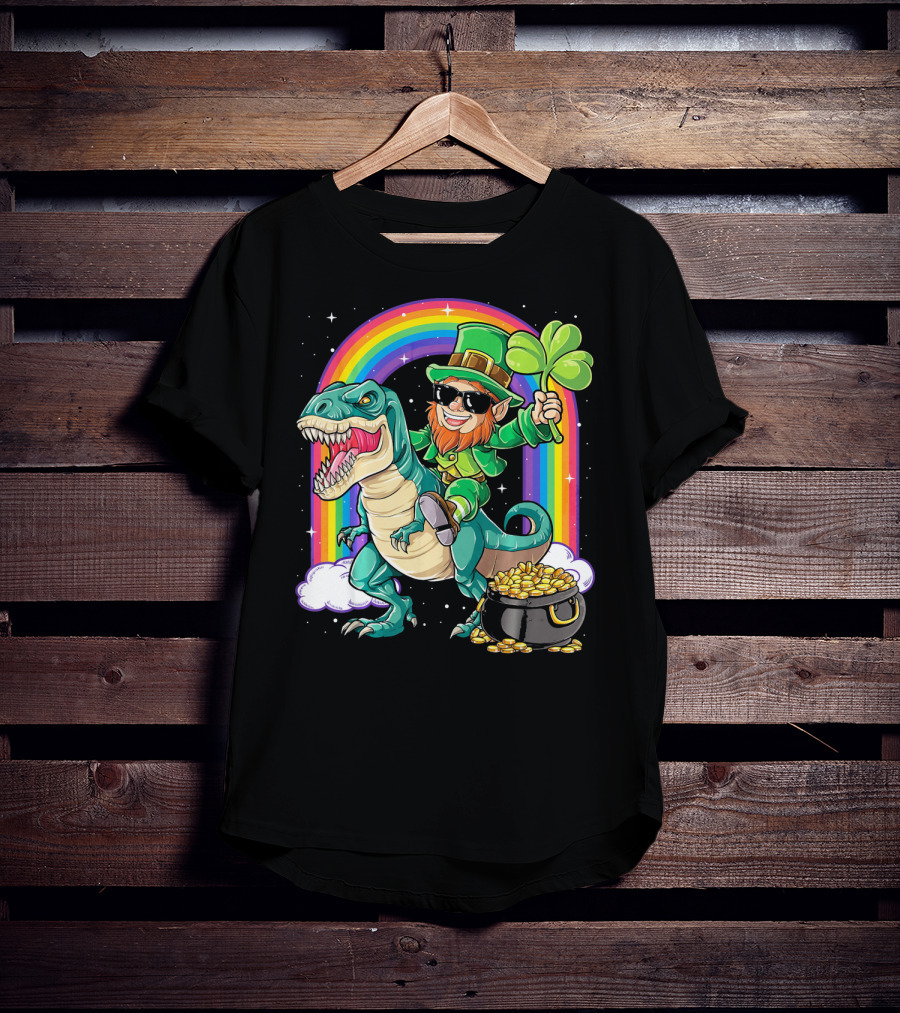Leprechaun Riding Dinosaur T-Rex Shamrock Rainbow Pot Of Gold St Pat's Day T-Shirt