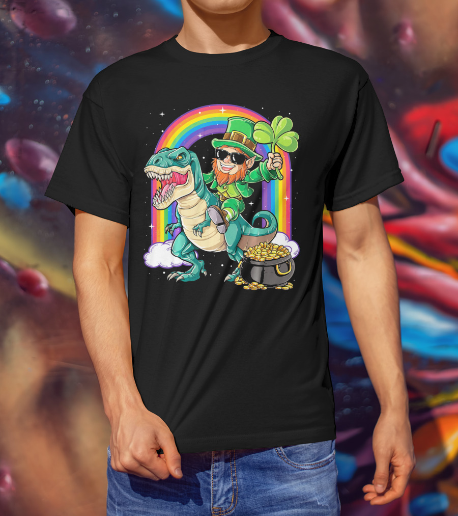 Leprechaun Riding Dinosaur T-Rex Shamrock Rainbow Pot Of Gold St Pat's Day T-Shirt