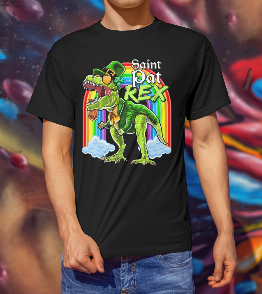 Saint Pat Rex Dinosaur Leprechaun Rainbow T-Shirt