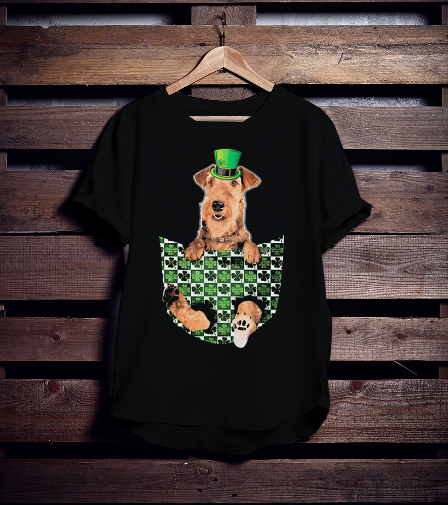 Airedale Terrier Pocket Patrick Hat Green Shamrocks T-Shirt