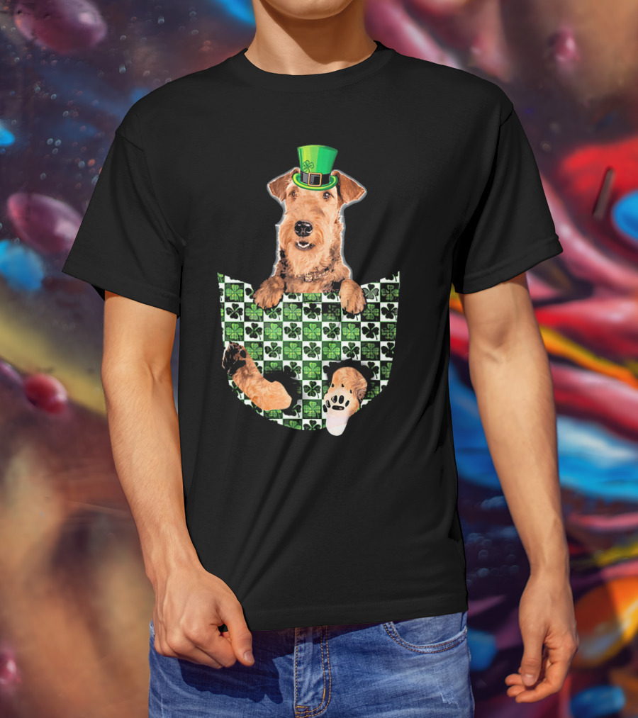 Airedale Terrier Pocket Patrick Hat Green Shamrocks T-Shirt