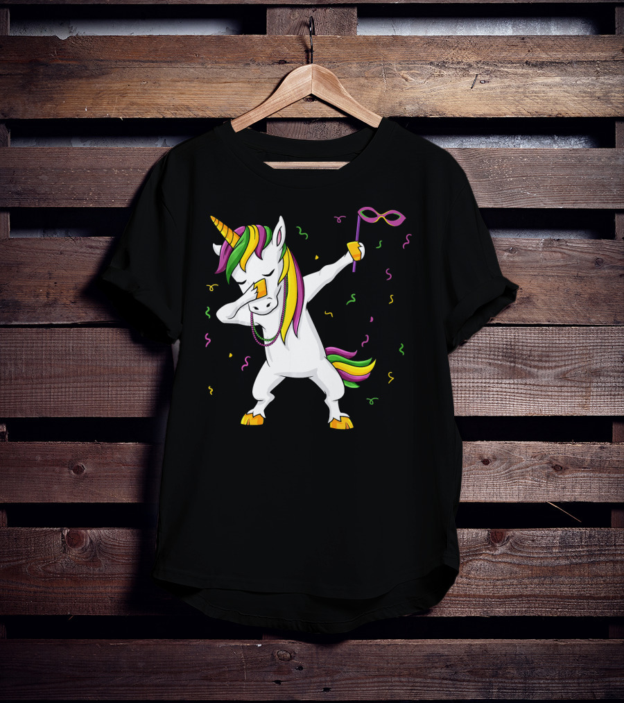 Dabbing Unicorn Mardi Gras Mask Colorful Fun Girls T-Shirt