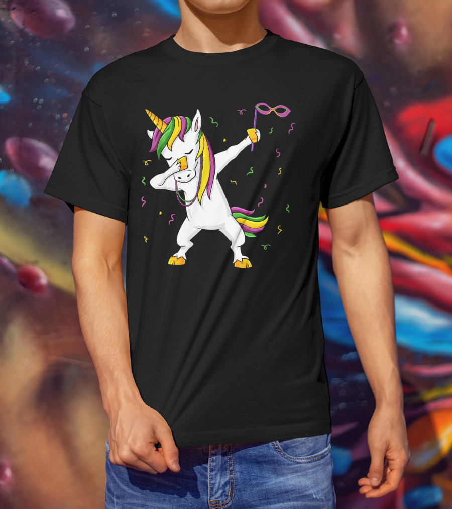 Dabbing Unicorn Mardi Gras Mask Colorful Fun Girls T-Shirt