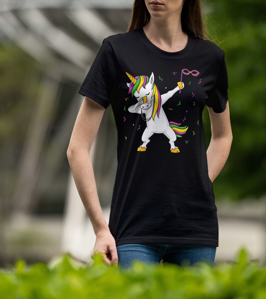 Dabbing Unicorn Mardi Gras Mask Colorful Fun Girls T-Shirt