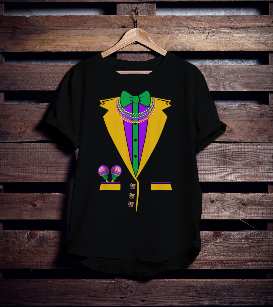 Tuxedo Vest Mardi Gras Beads Bowtie Maracas Costume T-Shirt