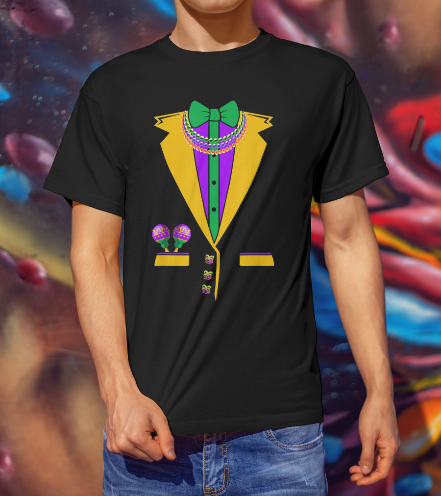 Tuxedo Vest Mardi Gras Beads Bowtie Maracas Costume T-Shirt