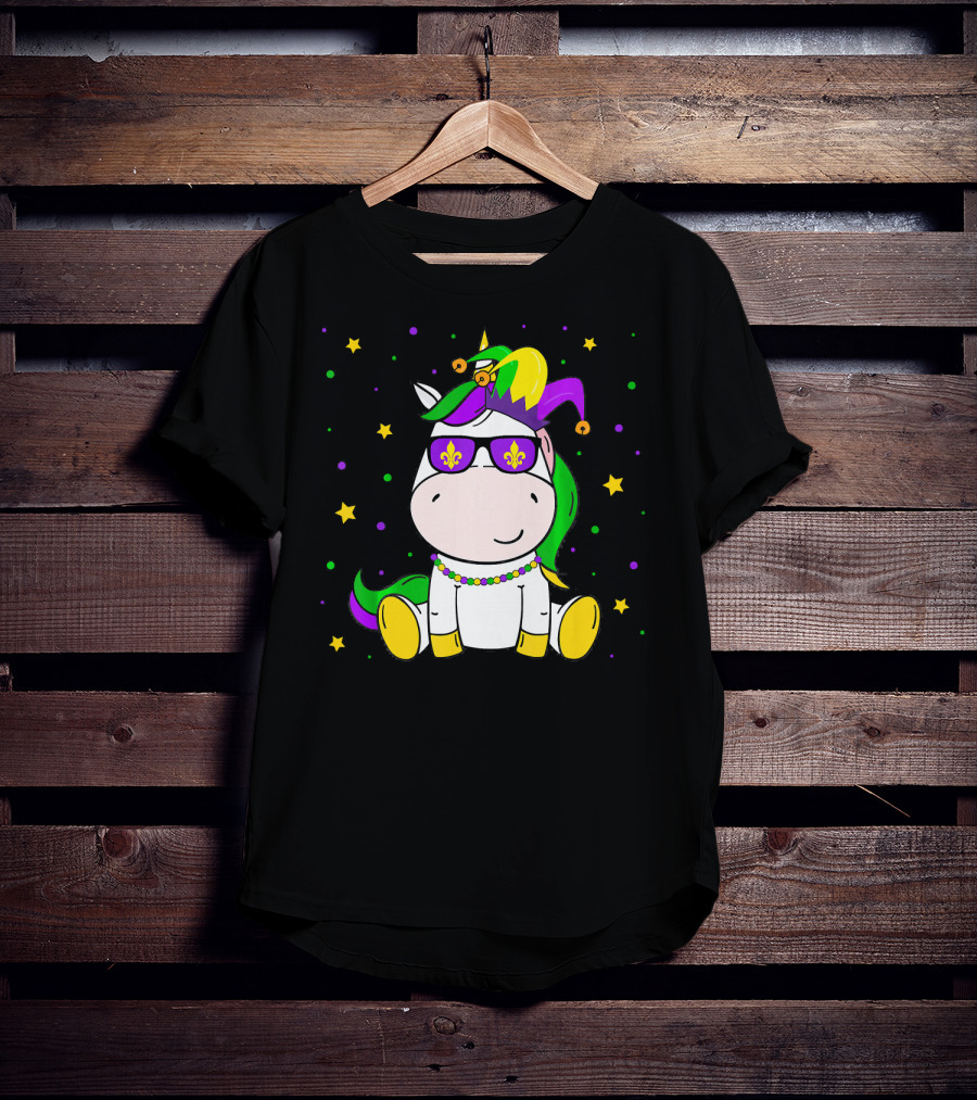 Mardi Gras Unicorn Kids Carnival Festival Jester Fleur-De-Lis Beads T-Shirt