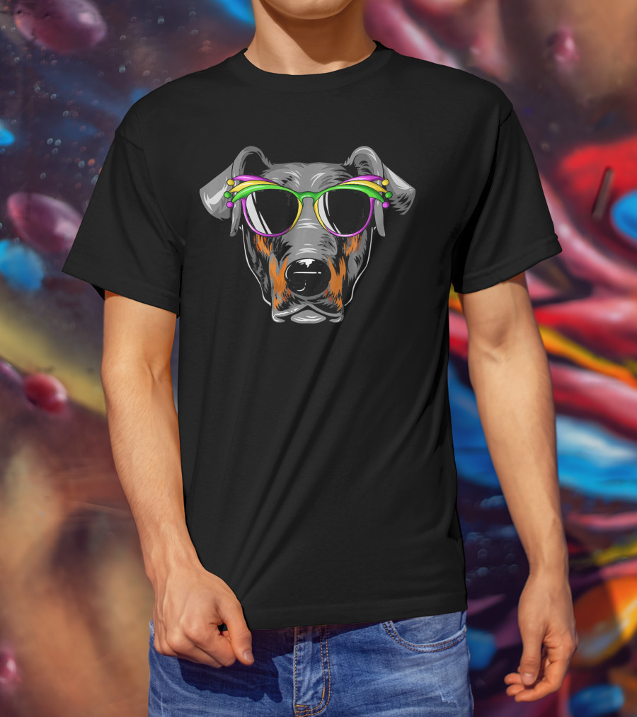 Doberman With Mardi Gras Carnival Mask Sunglasses T-Shirt