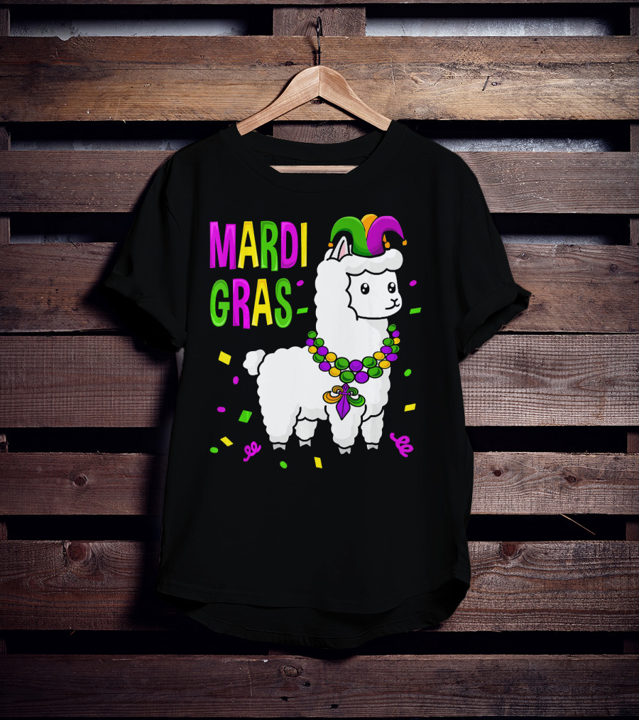Mardi Gras Llama Jester New Orleans Beads Confetti T-Shirt