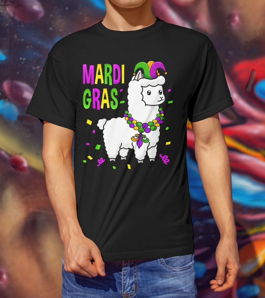 Mardi Gras Llama Jester New Orleans Beads Confetti T-Shirt