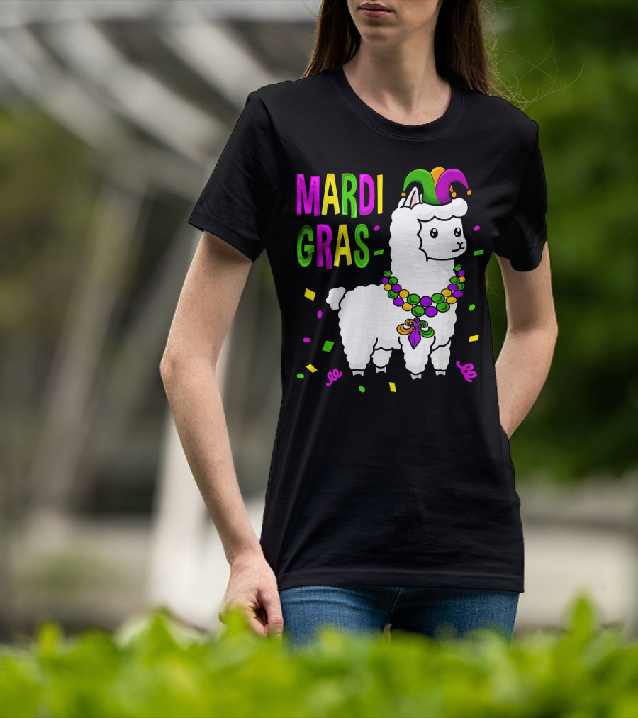 Mardi Gras Llama Jester New Orleans Beads Confetti T-Shirt